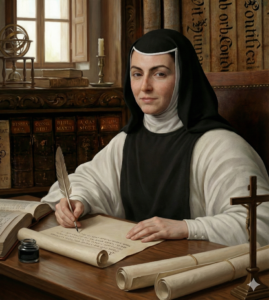 imagen realista de Sor Juana creada con AI para darle un aspecto de cercania con una vision mas humana